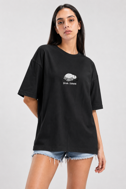 Diva Down- Embroidered Oversized Tee