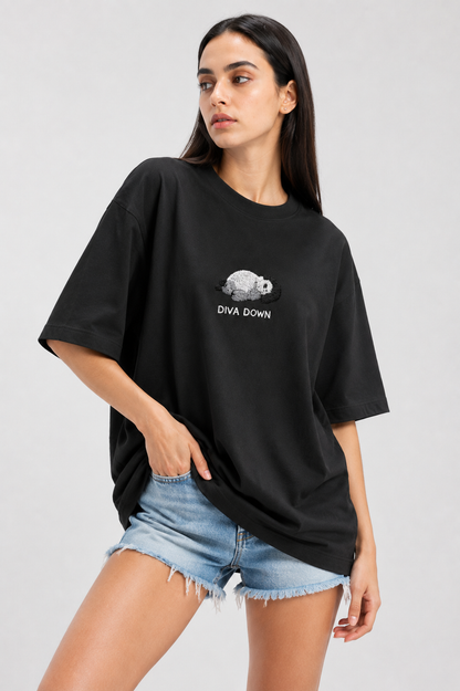 Diva Down- Embroidered Oversized Tee