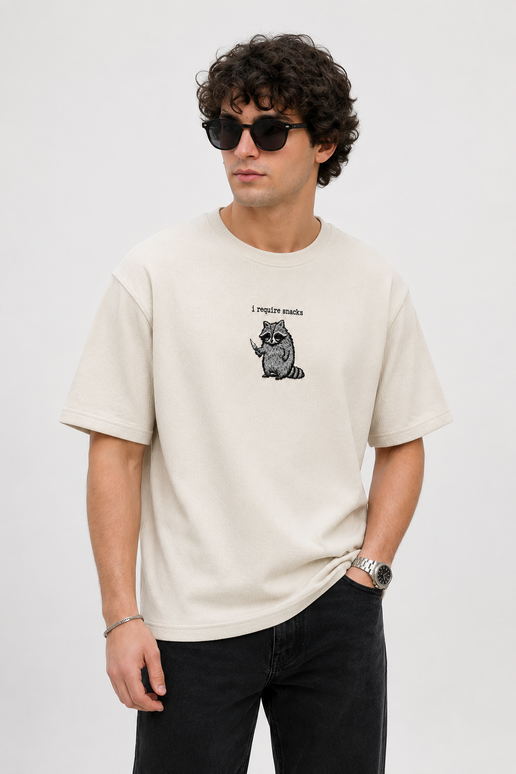 I require snack- Embroidered Oversized tee